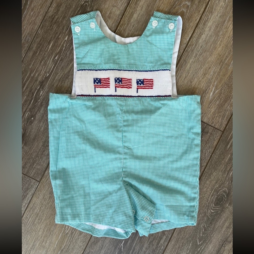 Smocked Aqua Gingham Boys' Shortall with Flag Detail